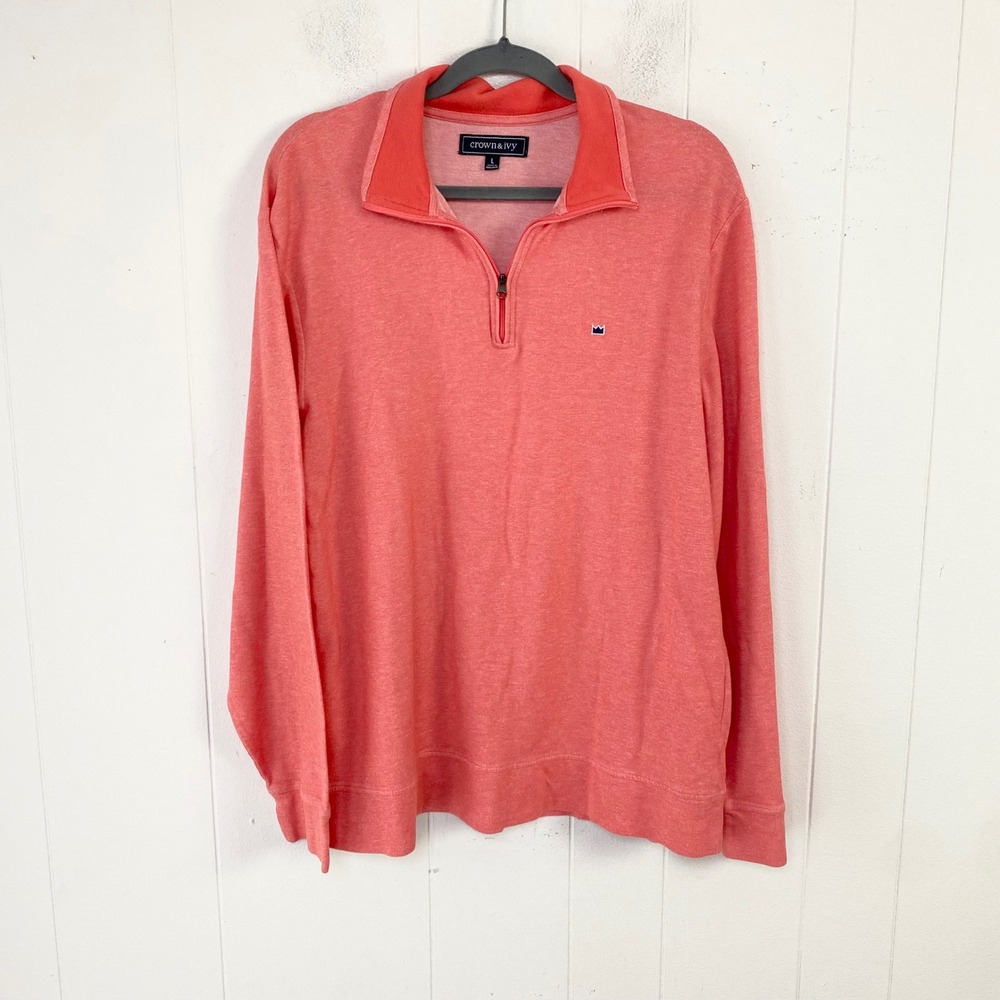 Crown & Ivy Mens Coral Pink Heathered Quarter Zip Pullover Sweater Large